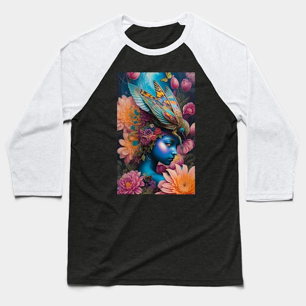 Enigma Blue Floral Girl Avatar Baseball T-Shirt by AlligaTees